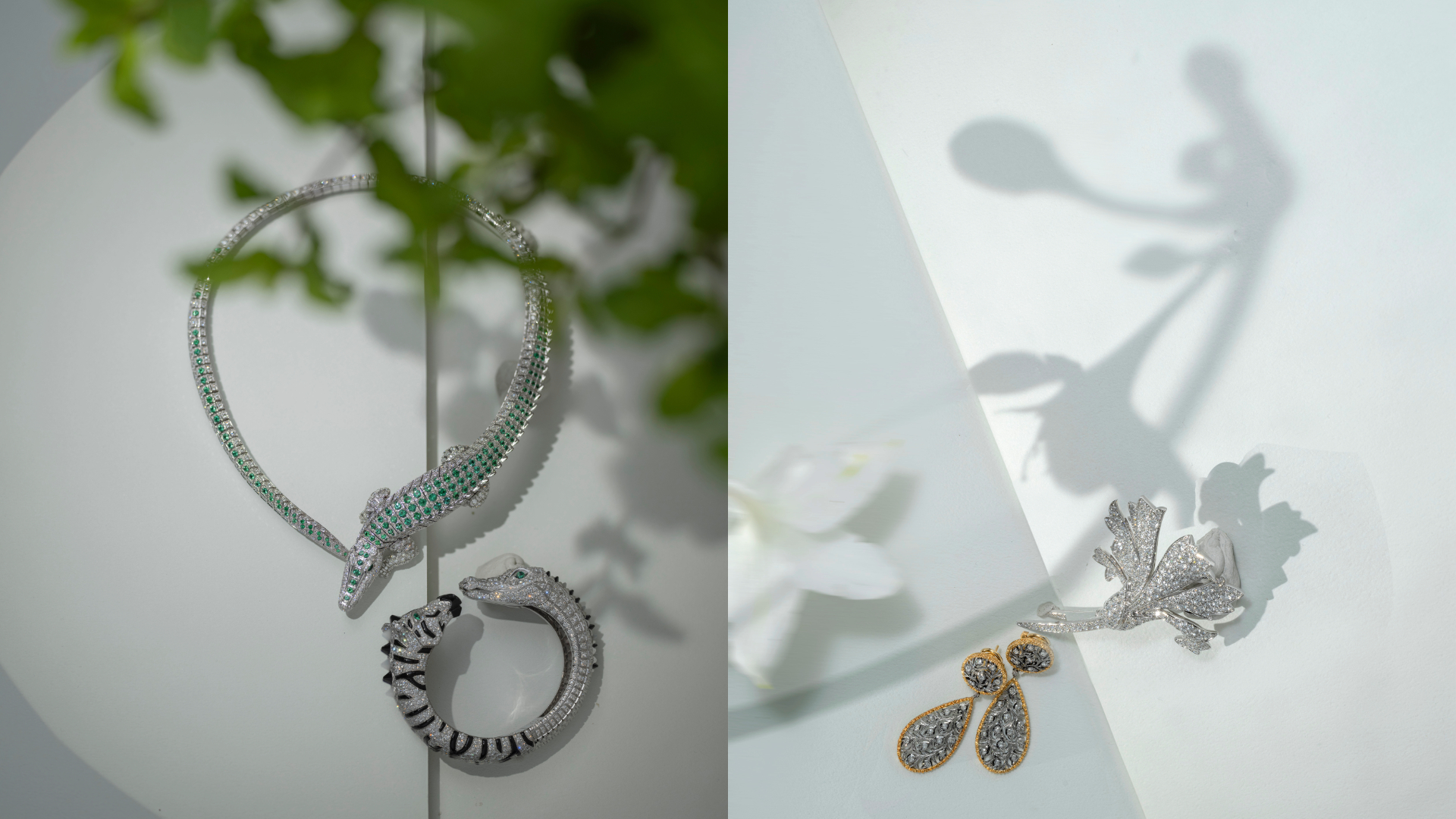 (左图) Faune et Flore de Cartier 鳄鱼项链，祖母绿、钻石； Indomptables de Cartier 斑马与鳄鱼手环，白 K 金、钻石、祖母绿、缟玛瑙，皆为 Cartier。 (右图左) Buccellati Ramage 耳环，白金、黄金、钻石。 （右图右）Chaumet OEillet 胸针，18K 白金、钻石。