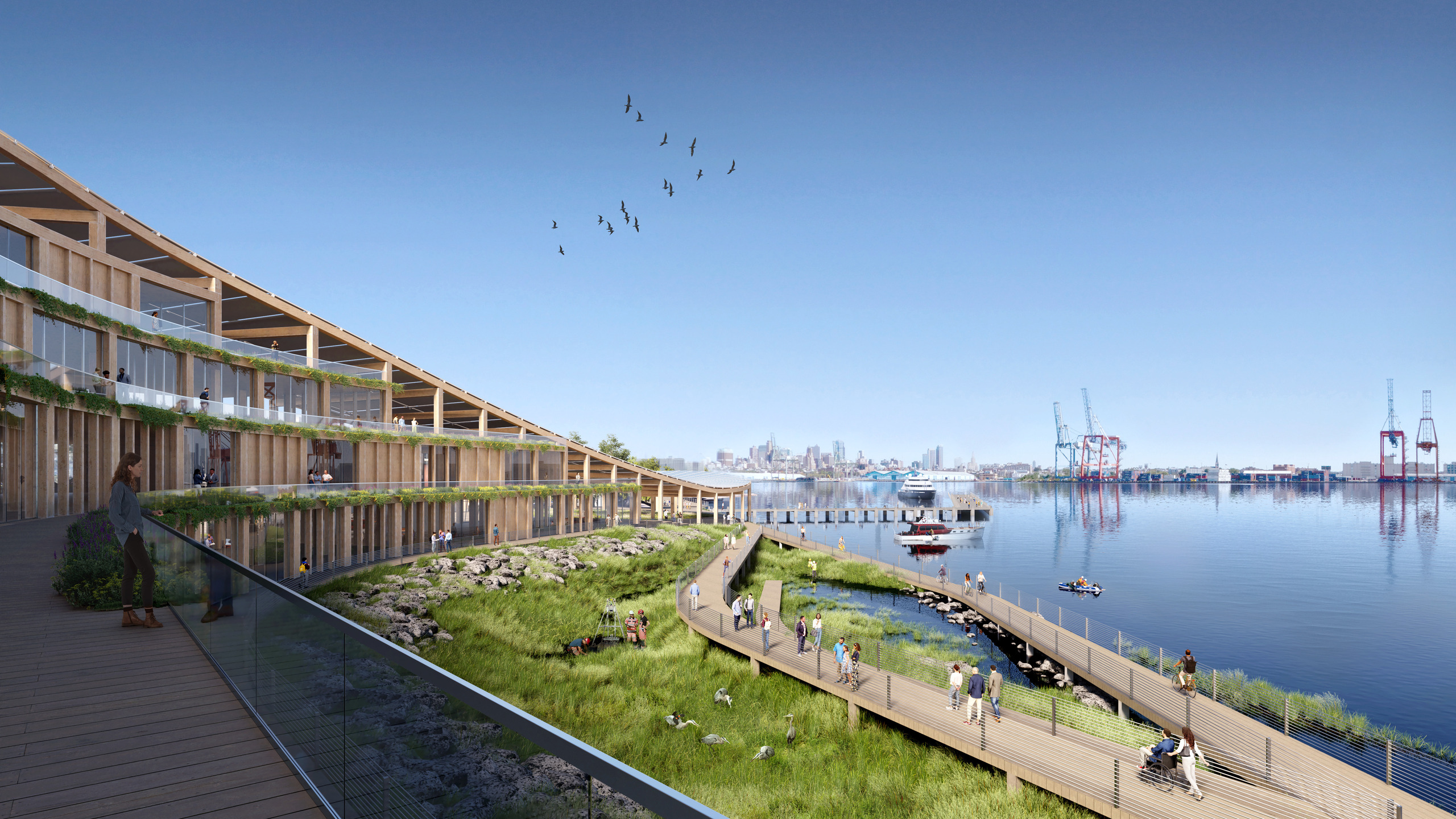 作為生態復育實驗園地的水岸溼地，同時也規劃有親水步道，讓民眾能來此散步賞景。(© SOM | Brick Visual)