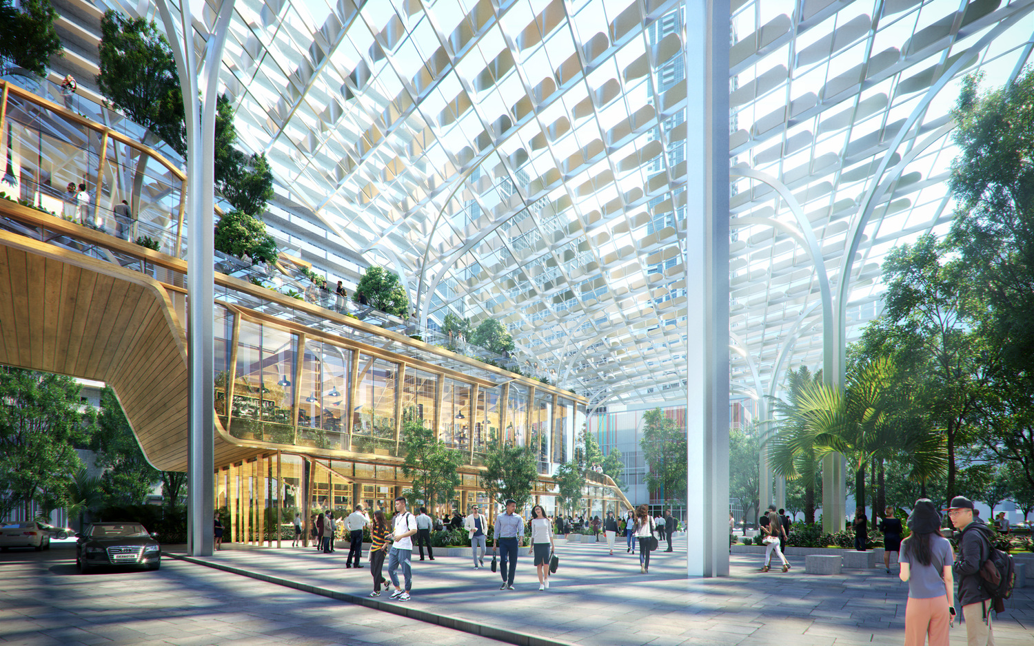 Keppel South Central 具有多重环保功能的斗篷式外墙系统，也为大楼前的公共广场创造出阴凉的户外空间。