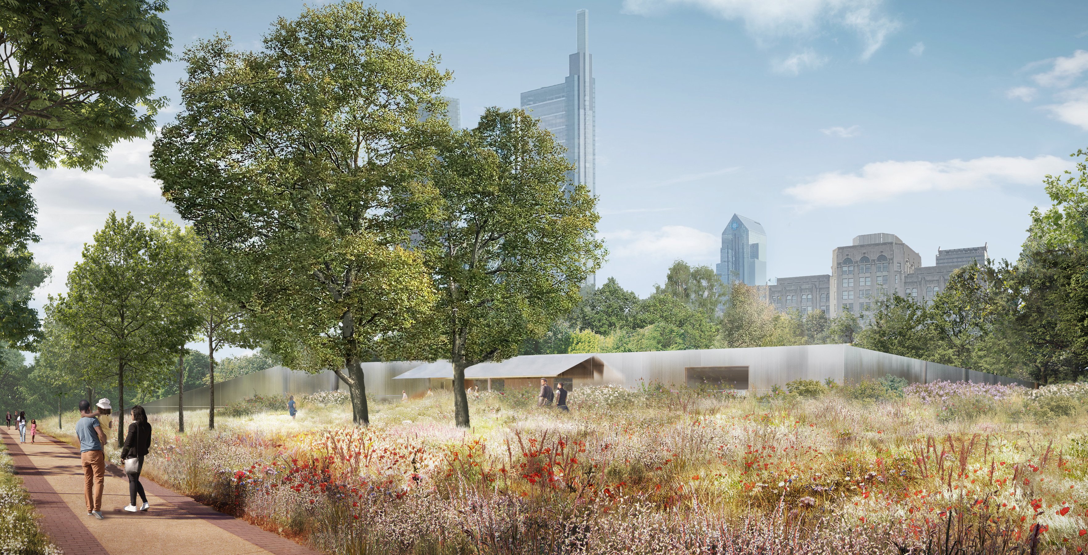 被一大片花园绿地包围的 Calder Gardens， 特别以柔和的反光外墙设计，让建筑与周遭景观自然相容。