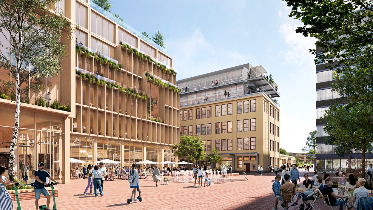 住商混合的 Stockholm Wood City，規劃有充足的公園和廣場公共空間。